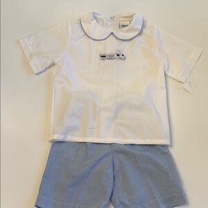 NWT White and Blue Boys' Outfit with Train Embroidery